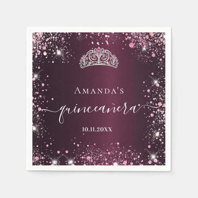 Quinceanera burgundy Pink Tiara Namenskript Serviette (Vorderseite)