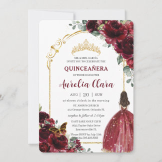 Quinceañera Burgundy Red Floral Gold Princess Arch Einladung