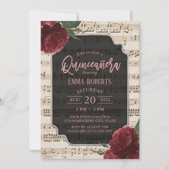 Quinceanera Burgundy Red Floral Music Geburtstag Einladung (Vorderseite)