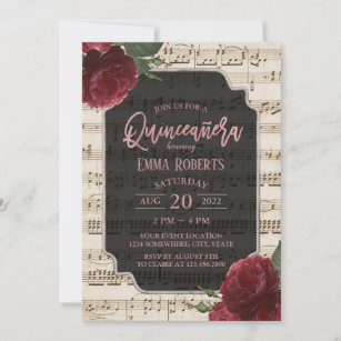 Quinceanera Burgundy Red Floral Music Geburtstag Einladung