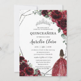Quinceañera Burgundy Red Floral Silver Princess Einladung