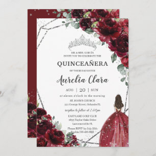 Quinceañera Burgundy Red Floral Silver Princess Einladung