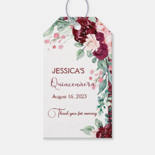 Quinceanera Burgundy Red Glitzer Floral Gift Tag Geschenkanhänger