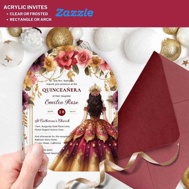 Quinceañera Burgundy Red Gold Quince Dress Blume Acryleinladungen (Von Creator hochgeladen)