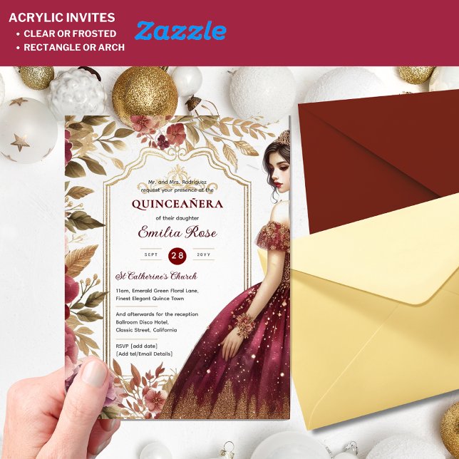 Quinceañera Burgundy Red Gold Quince Dress Blume Acryleinladungen (Von Creator hochgeladen)