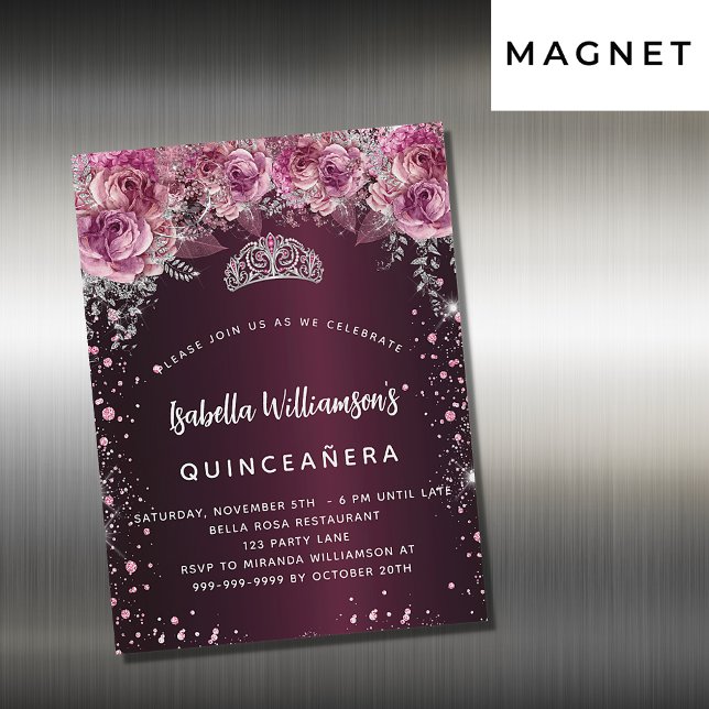Quinceanera burgundy rosa Blumentiara Luxus Magnetkarte (Von Creator hochgeladen)