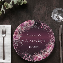 Quinceanera burgundy rosa Glitzer Blumenname Pappteller