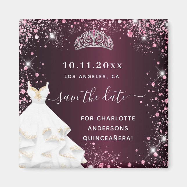 Quinceanera burgundy rosa Kleid Save the Date Magnet (Vorne)