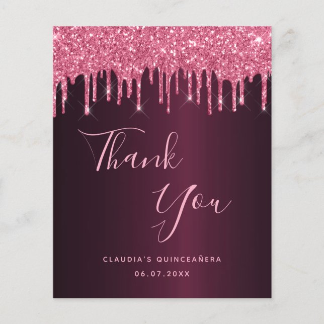 Quinceanera burgundy rosa Name danke Karte (Vorderseite)