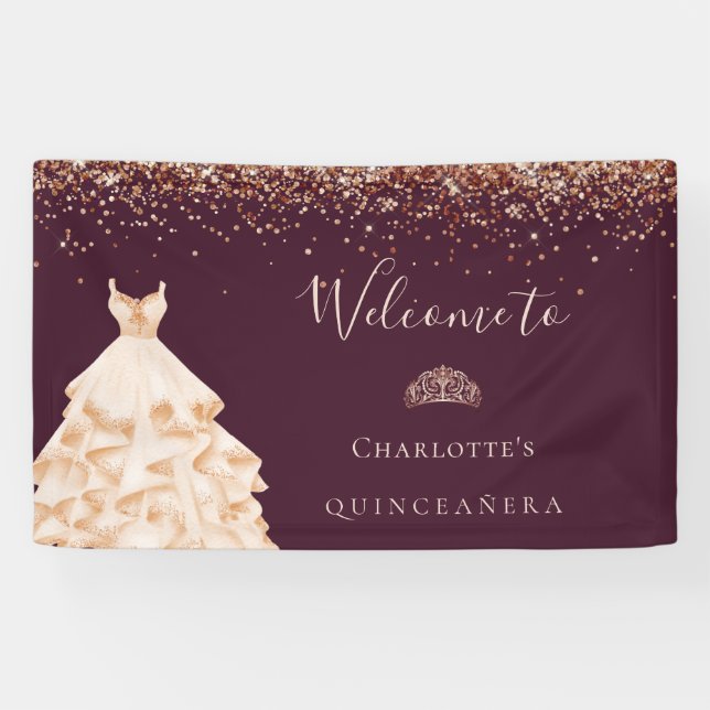 Quinceanera burgundy Rose Gold Glitzer Staub Banner (Horizontal)