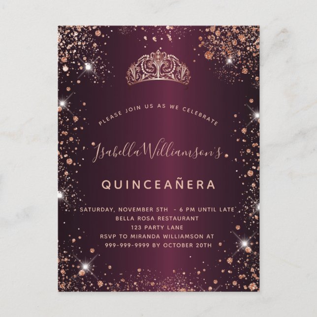 Quinceanera burgundy Rose Gold Glitzer Staub Tiara Einladungspostkarte (Vorderseite)