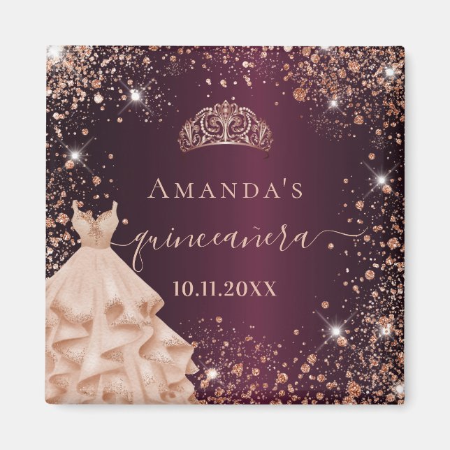 Quinceanera burgundy Rose gold tiara Kleidername Magnet (Vorne)