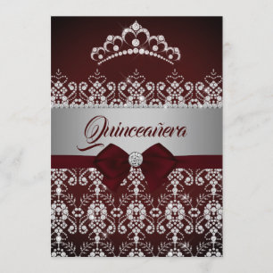 Quinceanera Burgundy Sparkle Diamond Tiara Bow Einladung