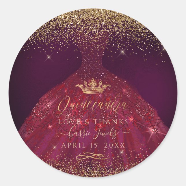 Quinceañera Burgundy Sparkle Gown Runder Aufkleber (Vorderseite)