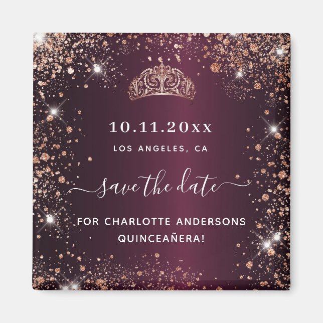 Quinceanera burgundy tiara Rose Gold Save the Date Magnet (Vorne)