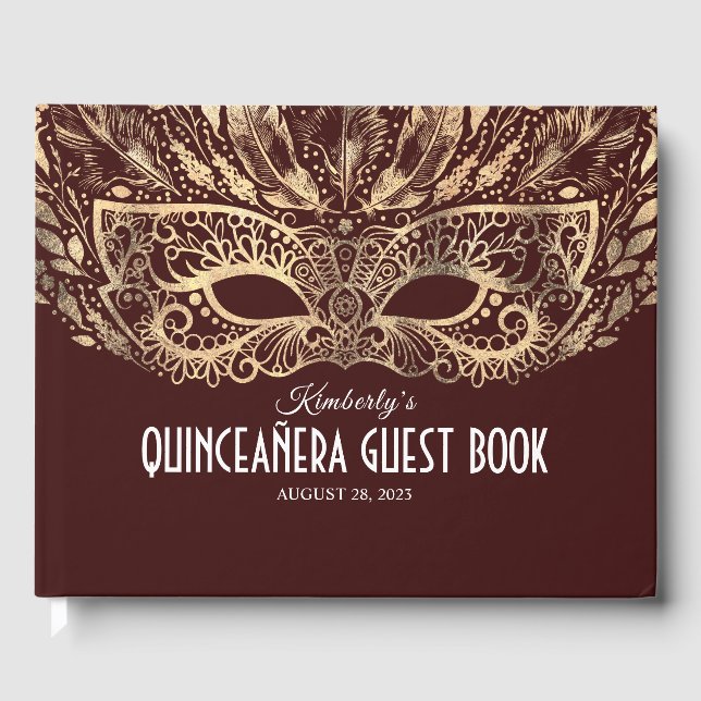 Quinceanera Burgundy und Gold Gästebuch (Vorderseite)