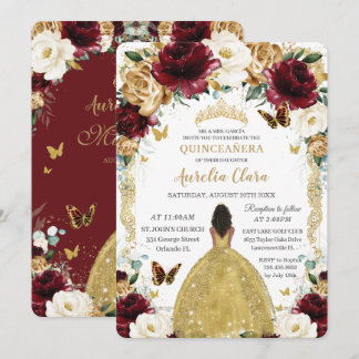 Quinceañera Burgundy White Gold Floral Brown Girl Einladung