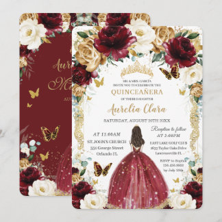 Quinceañera Burgundy White Gold Floral Girl Dress Einladung