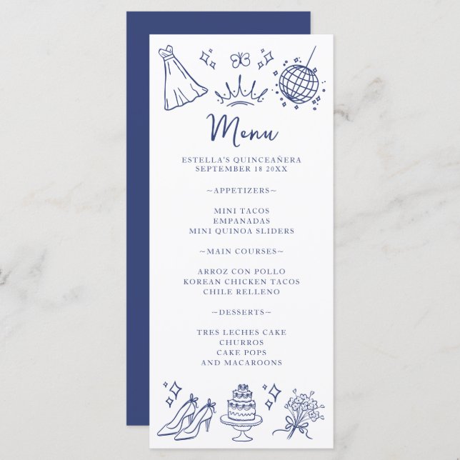 Quinceanera Butterfets Floral Modern Blue White Menükarte (Vorne/Hinten)