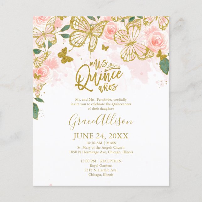 Quinceanera Butterfly Budget Einladung Bilingual (Vorderseite)