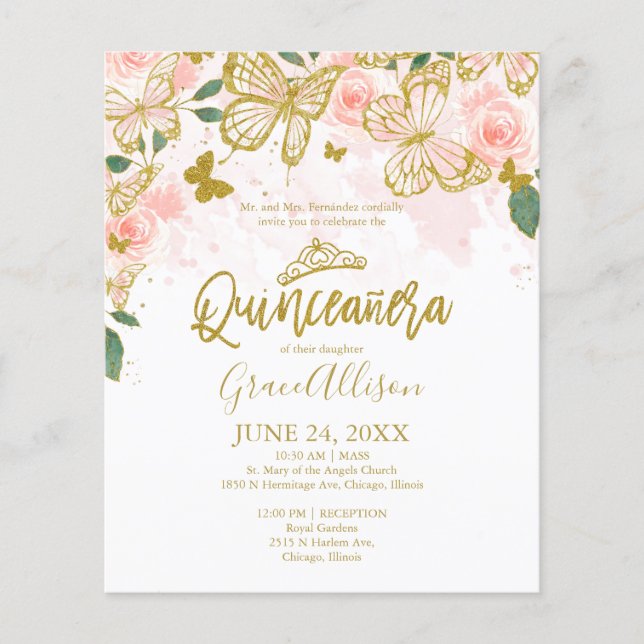 Quinceanera Butterfly Budget Einladung Bilingual (Vorderseite)