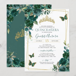 Quinceañera Butterfly Emerald Green Elegant Einladung