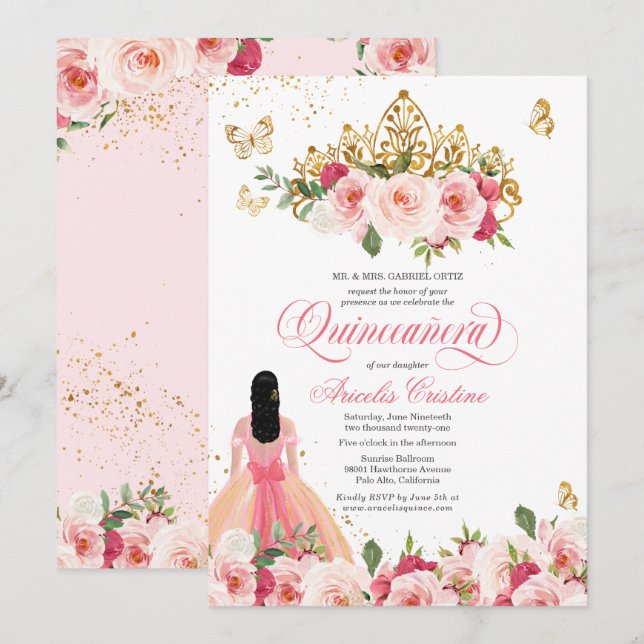 Quinceañera Butterfly Rosa Aquarellfarbe Einladung (Vorne/Hinten)