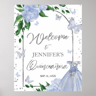 Quinceanera Butterflys Dusty Blue Begrüßungszeiche Poster