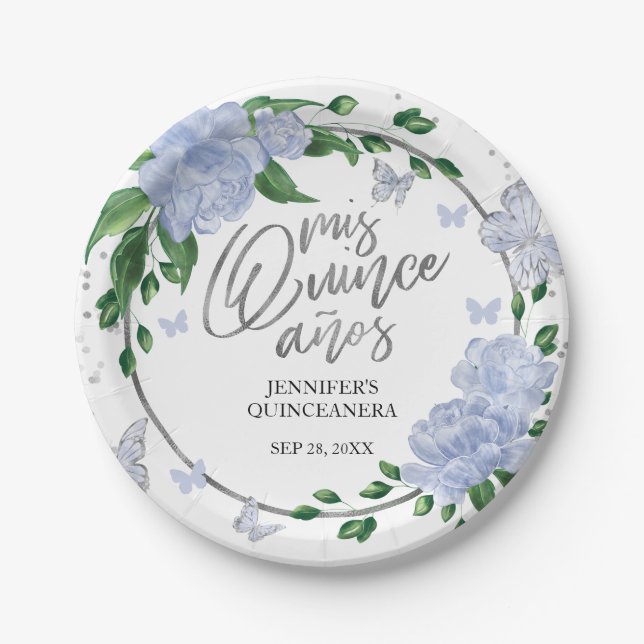 Quinceanera Butterflys Dusty Blue Gown Pappteller (Vorderseite)
