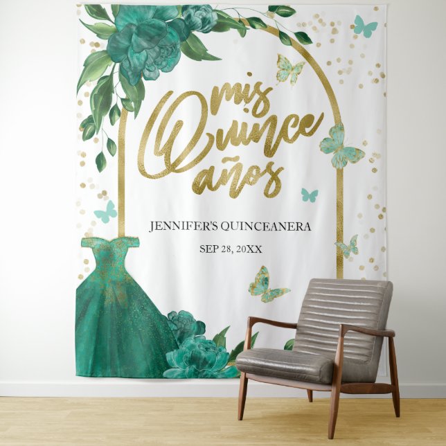 Quinceanera Butterflys Emerald Green Gown Hintergr Wandteppich (Beispiel)