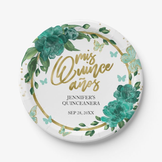 Quinceanera Butterflys Emerald Green Gown Pappteller (Vorderseite)