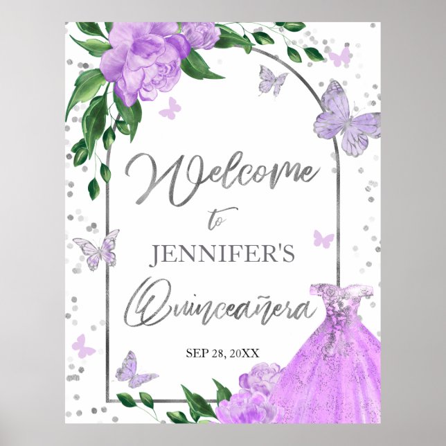 Quinceanera Butterflys Lavender Begrüßungszeichen Poster (Vorne)