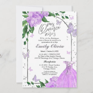 Quinceanera Butterflys Lavender Gown Spanisch Einladung