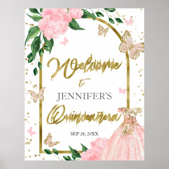 Quinceanera Butterflys Pink Blush Begrüßungszeiche Poster (Vorne)