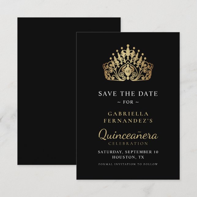 Quinceañera Calligraphy Gold Princess Tiara Crown Save The Date (Vorne/Hinten)