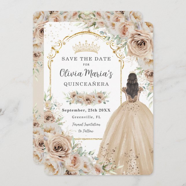 Quinceañera Champagne Beige Cream Floral Princess Save The Date (Vorne/Hinten)