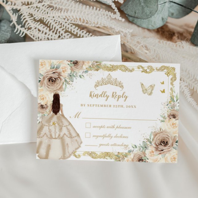 Quinceañera Champagne Cream Floral Dress Princess RSVP Karte (Von Creator hochgeladen)