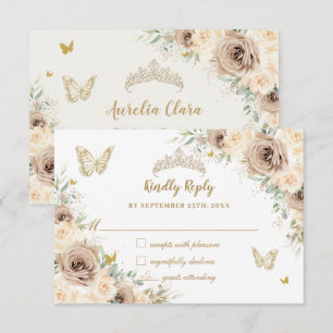 Quinceañera Champagne Gold Floral Butterfisch RSVP Karte