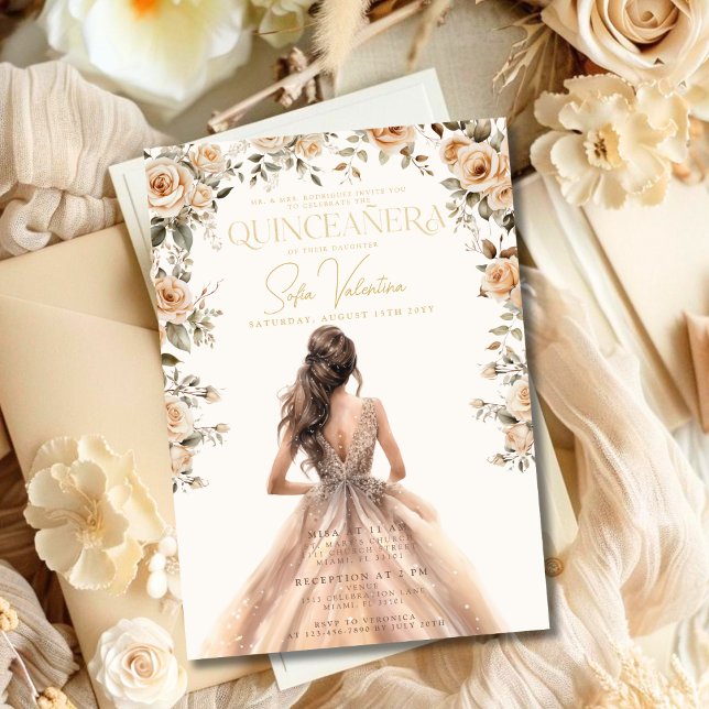 Quinceañera Champagne Gold Floral Gourmets Prinzes Einladung (Quinceañera Champagne Gold Floral Gown Princess Invitation)