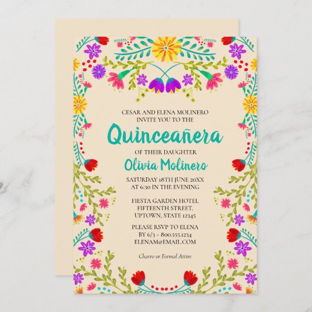 Quinceanera Champagne Mexikanische Blume Geburtsta Einladung (Vorne/Hinten)