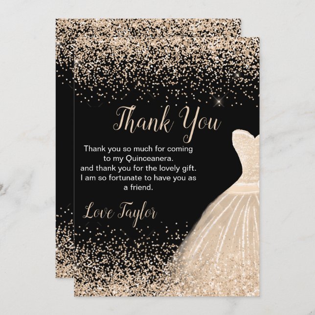 Quinceanera Champagne White Dress Faux Glitter Dankeskarte (Vorne/Hinten)