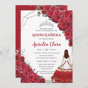 Quinceañera Charro Dress Rote Rosen Blumensilber Einladung