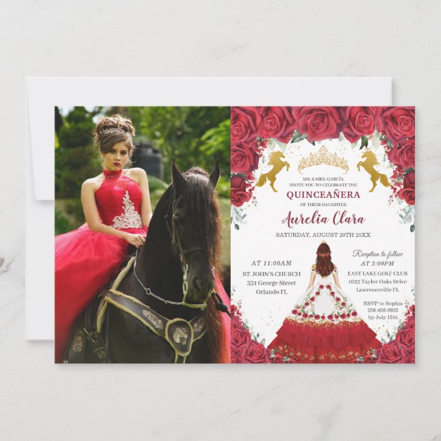 Quinceañera Charro Rote Flora Prinzessin Gold Pfer Einladung (Vorderseite)