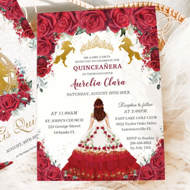 Quinceañera Charro Rote Flora Prinzessin Gold Pfer Einladung (Von Creator hochgeladen)