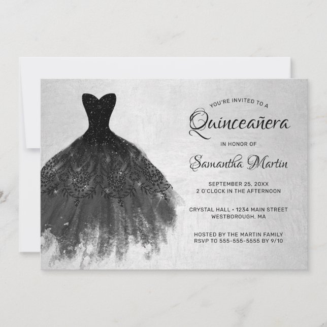 Quinceanera Chic Black Dress on Silver Party Invit Einladung (Vorderseite)