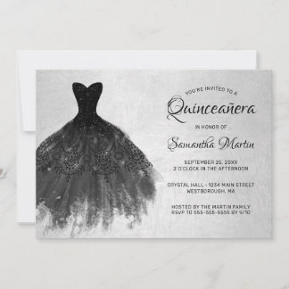 Quinceanera Chic Black Dress on Silver Party Invit Einladung