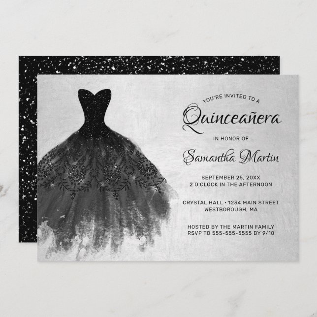 Quinceanera Chic Black Dress Silver Glam Party Einladung (Vorne/Hinten)