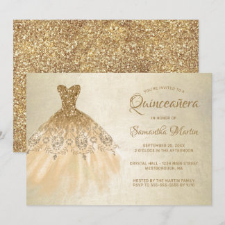 Quinceanera Chic Gold Dress auf Gold Party Einladung