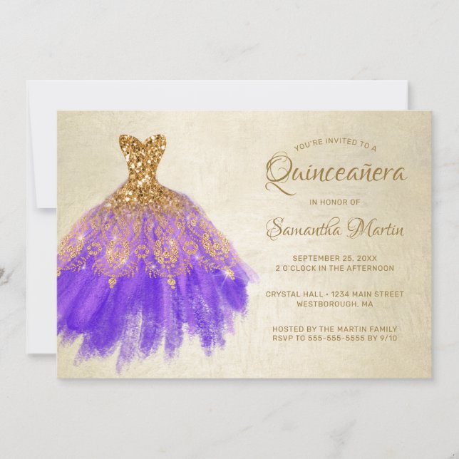 Quinceanera Chic Gold Lila Dress on Gold Party I Einladung (Vorderseite)