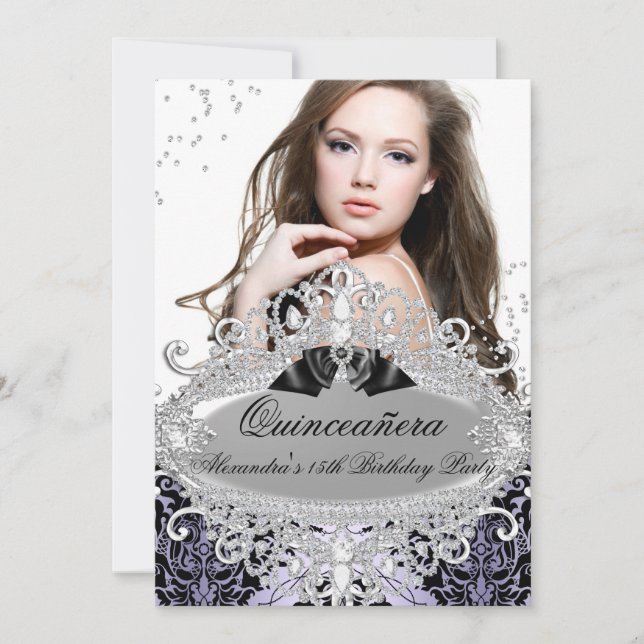 Quinceanera Chic Lila Damask Diamond Jewel Foto Einladung (Vorderseite)